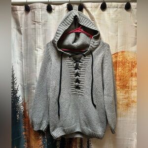 Gray Hooded Sweater with Lace-Up Detail